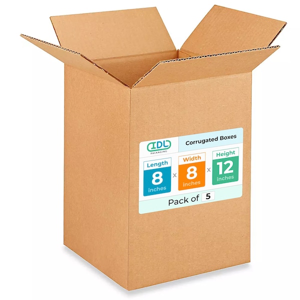 Idl Packaging 8 in x 8 in x 12 in Shipping Box, Kraft, Corrugate, Single Wall, 200#, 5 PK B-8812-5 - main